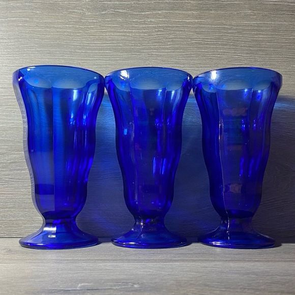 Lot of 3 Vintage Cobalt Blue Footed Goblet Glasses